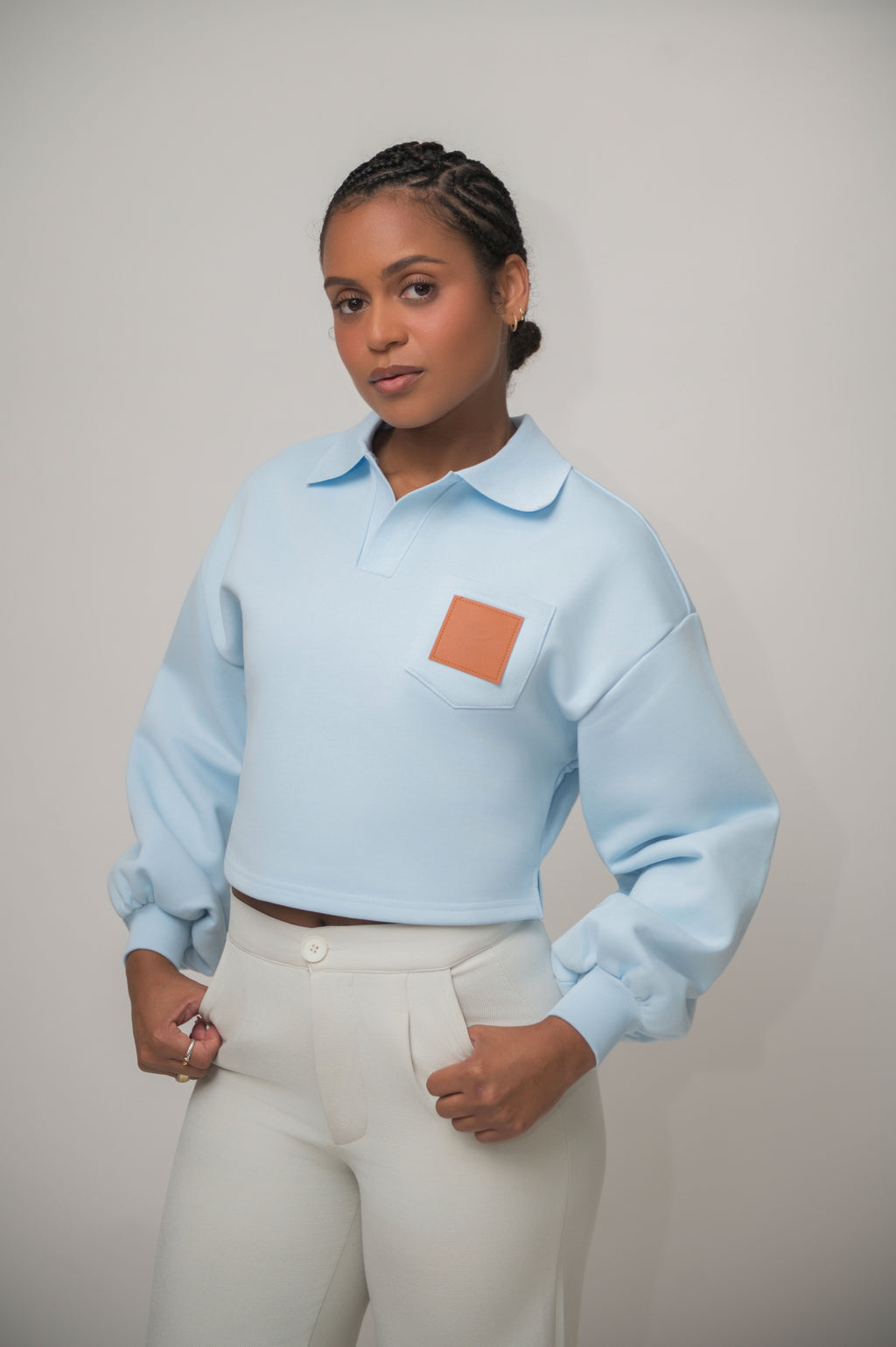 Baby Blue Cropped Sweatshirt with Leather Patch