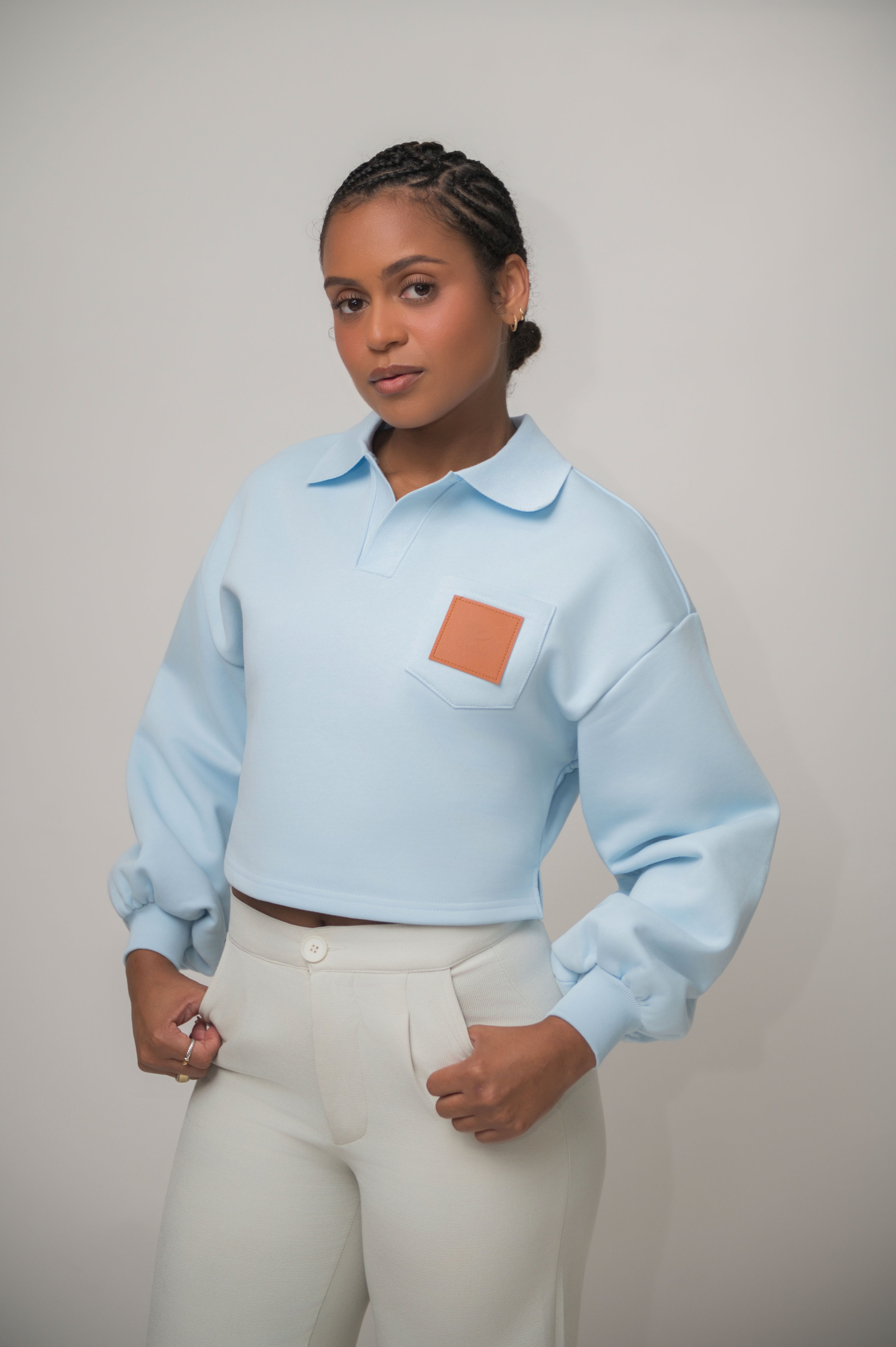 Baby Blue Cropped Sweatshirt with Leather Patch